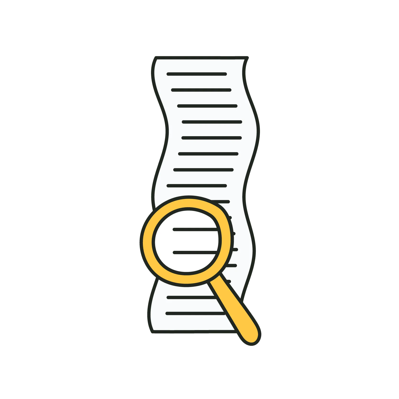 an illustration of a magnifying glass inspecting a long list